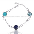 Natural Semiprecious Multi Gemstone 925 Sterling Silver Bracelet